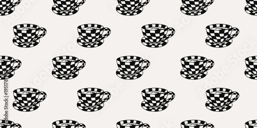 Seamless black and white coffee shop pattern with repeating checkered cups. Monochrome cafe background featuring retro mugs in a simple hand drawn style with bold contrast.