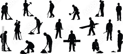 Construction worker silhouettes collection with tools and digging tasks, manual labor industry concept, building site activities, excavation work, workforce vector illustration