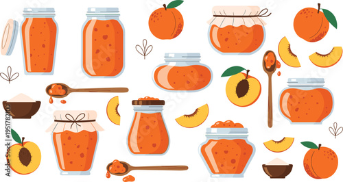 Peach Jam Illustration Set with Glass Jars, Fresh Fruit, Sliced Pieces and Spoon, Homemade Preserve and Organic Sweet Food Design Collection