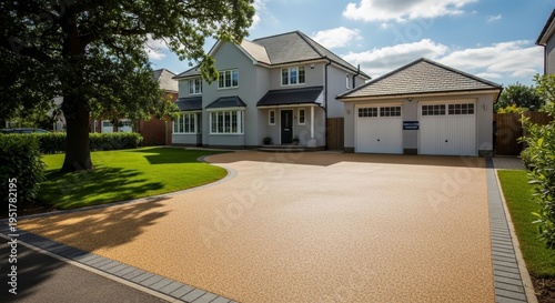 Modern detached house with resin driveway and garage. Real estate exterior photography showcasing suburban property garden and architecture. Premium home design with paved courtyard path.