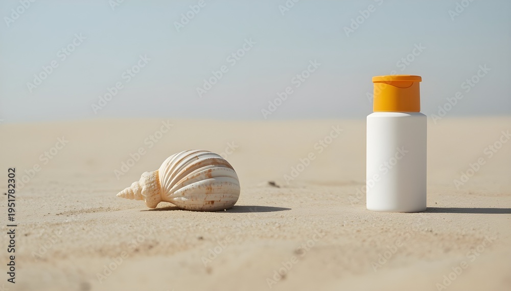 Obraz premium A bottle of sunscreen and a seashell on a sandy beach with a clear blue sky