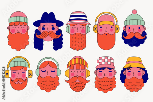 Set bearded men faces hipsters with haircuts. vector

