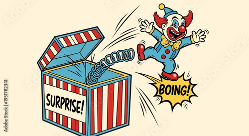 Clown jumping out of box.