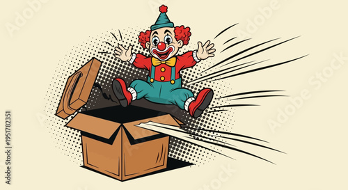 Clown jumping out of cardboard box.