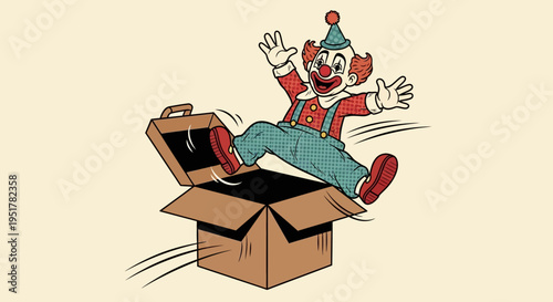Clown jumping out of cardboard box.