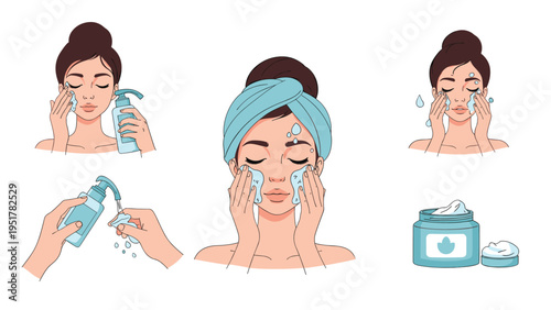 Infographic style illustration set showing different steps of a facial skincare routine including washing, drying, and applying cream.