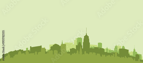 Green panoramic poster of the city skyline with solid background buildings on a hilly terrain of SAN ANTONIO, UNITED STATES