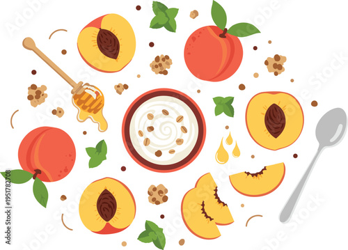Peach Yogurt Bowl Illustration Set with Fresh Fruit, Honey Drizzle, Sliced Pieces and Organic Ingredients for Healthy Breakfast and Dessert Design