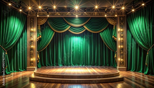 Elegant Theatre Stage with Emerald Green Curtains and Warm Lighting for Performance and Entertainment.