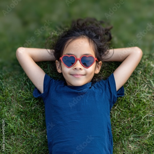 Asian female child lying on grass wearing red heart sunglasses and navy shirt, smiling relaxed outdoors on a sunny day