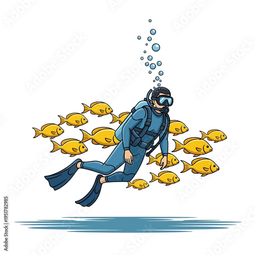 Scuba Diver Swimming With School of Yellow Fish Underwater Ocean Sea Life