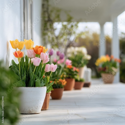 Wallpaper Mural Pastel tulips in white and terracotta pots along a sunlit veranda with blurred garden planters creating a tranquil spring walkway scene Torontodigital.ca