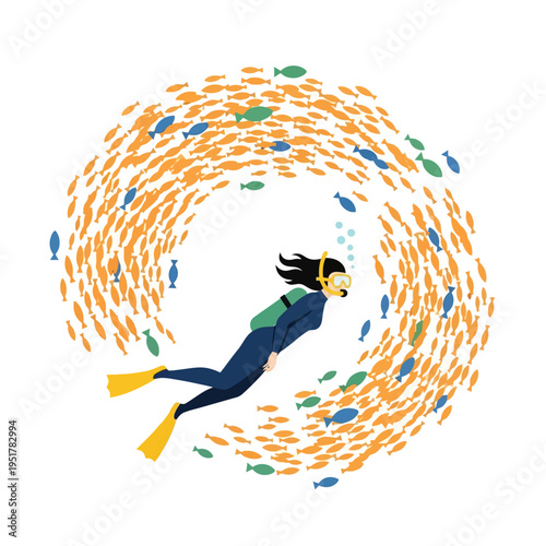 Scuba diver surrounded by a swirling school of orange and blue fish underwater.