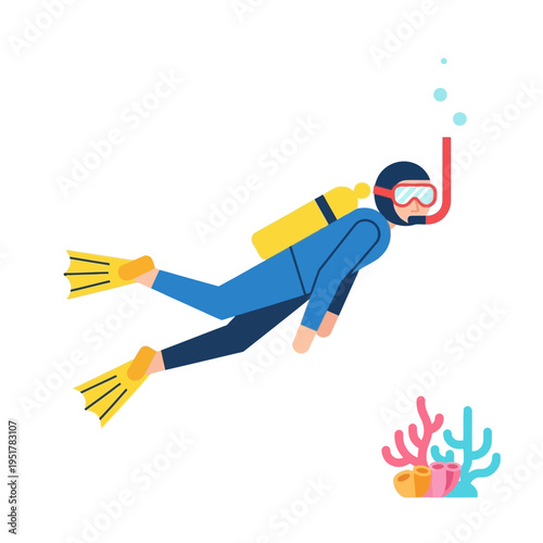 Scuba Diver Swimming Underwater Near Coral Reef, Underwater Exploration, Ocean Life