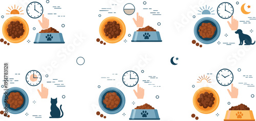 Pet Feeding Schedule Illustration Set with Dog Food Bowls, Clock Icons, Day and Night Routine, Animal Care and Nutrition Planning Design Collection
