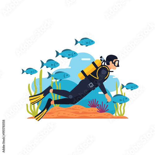 Scuba diver swimming underwater with blue fish and coral reef, ocean exploration