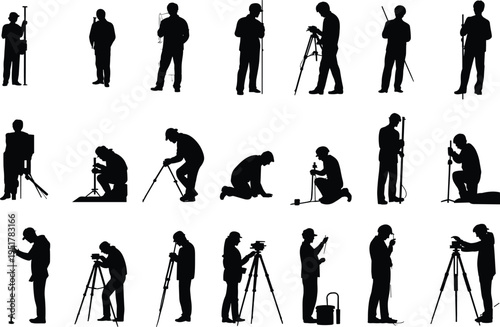 Surveyor silhouettes set with tripod and measuring tools, land surveying engineering concept, geodetic fieldwork, mapping technology, professional outdoor workforce vector 