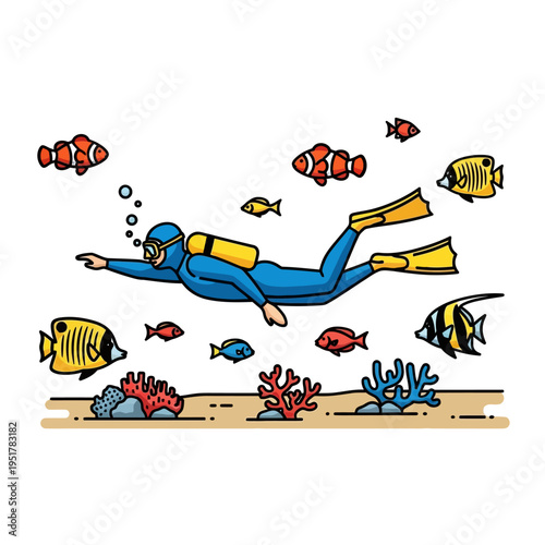 Scuba diver swimming underwater with colorful tropical fish and coral reef