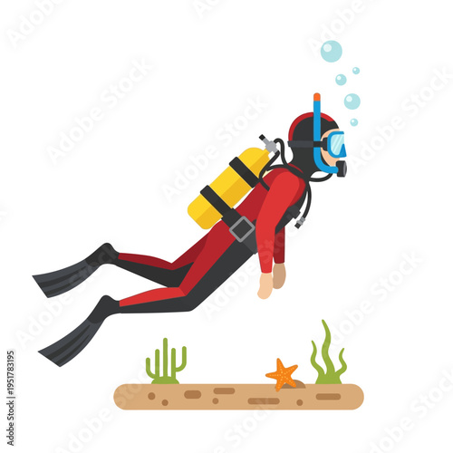 Scuba diver swimming underwater with coral reef and starfish