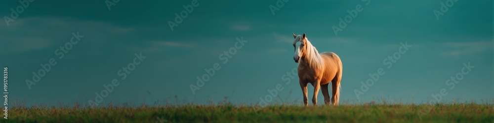Fototapeta premium Palomino horse lone in grassy meadow under teal sky at sunrise calm pastoral landscape golden stallion standing on horizon
