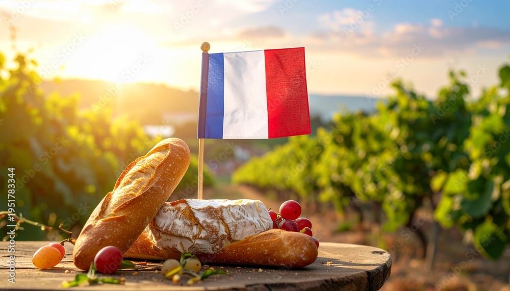 Fototapeta premium French Countryside Charm with Baguette Brie and Grapes at Sunset Flag of France in the Vineyard.