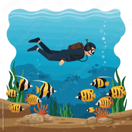 Scuba Diver Swimming Underwater with Tropical Fish and Coral Reef