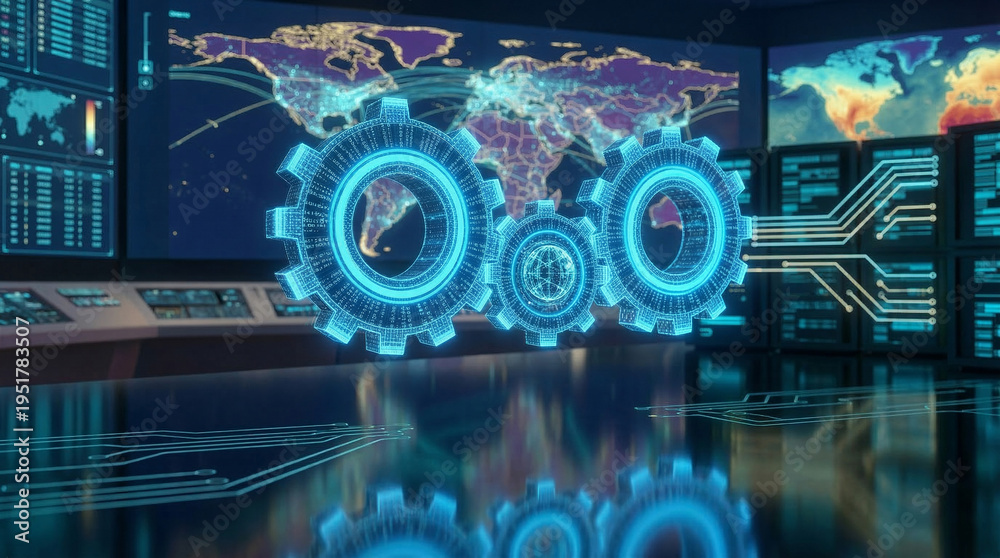 Obraz premium Three luminous blue holographic gears interlock in a futuristic data center or control room, overseeing global data and technological operations.