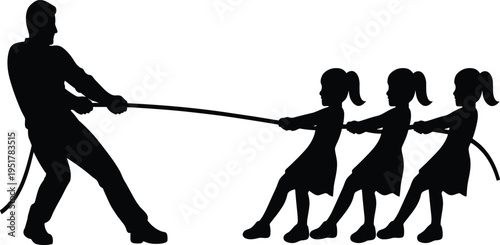 Black silhouettes of adult and children playing tug-of-war, symbolizing teamwork, strength, competition, playful contest, family fun, and dynamic childhood activity illustration design