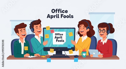 Colleagues laughing at office prank on computer screen with colorful sticky notes