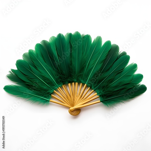 a fan with green feathers and a golden center on a white background.