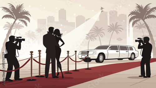A vector graphic illustration of a couple posing on the red carpet with paparazzi and a limousine in the background.