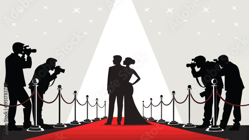 A vector graphic illustration of a couple walking down a red carpet with photographers and paparazzi taking their picture