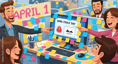 Group of happy coworkers celebrating april fools' day with colorful sticky notes in office