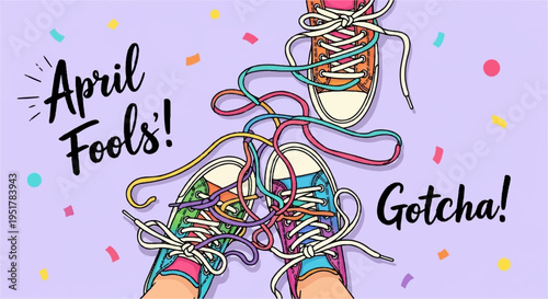 Colorful sneakers with tangled laces and april fools' text on purple background with confetti