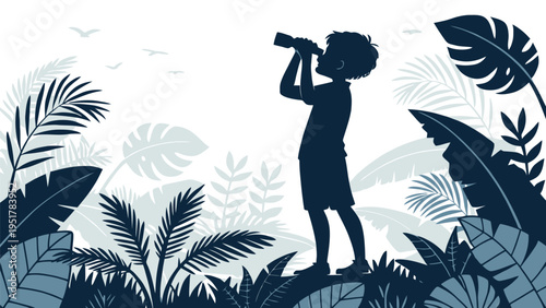 A vector graphic illustration of a child standing in a jungle looking through binoculars