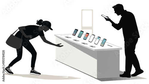 A vector graphic illustration of a thief stealing a phone while the owner is distracted in a store