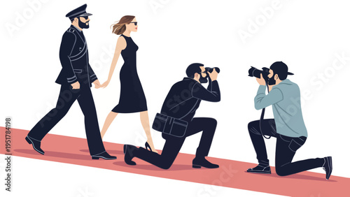 A vector graphic illustration of a couple being followed by paparazzi on a red carpet