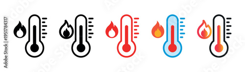Vector Fire, High Temperature Icons Set Design on White Background. Hot Weather with Line, Gradient, Solid Thermometer Sign for Web and Packaging Labels.