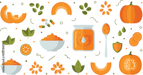 Pumpkin Puree Illustration Set with Fresh Slices, Seeds, Leaves and Jar, Organic Vegetable Food Elements for Autumn Cooking and Healthy Nutrition Design
