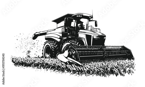 Combine harvester front view black and white detailed engraving style illustration	