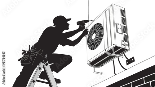 A vector graphic illustration of a technician installing an air conditioning unit on a building