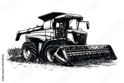 Combine harvester front view black and white detailed engraving style illustration