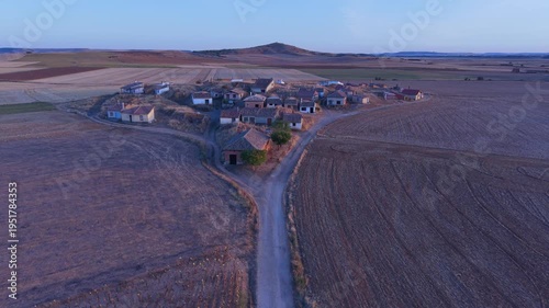 Aerial drone view of the Bodegas de Portugal wineries in the village of Arenillas de Riopisuerga, in the Odra-Pisuerga region. Burgos, Castile and León, Spain, Europe.