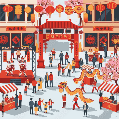 Dragon Dance Performance in Red Costume.