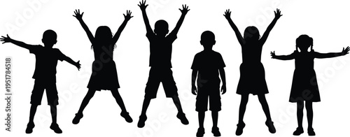 Group of happy children silhouettes jumping and playing together, kids joy celebration vector art, isolated on white background, childhood concept,