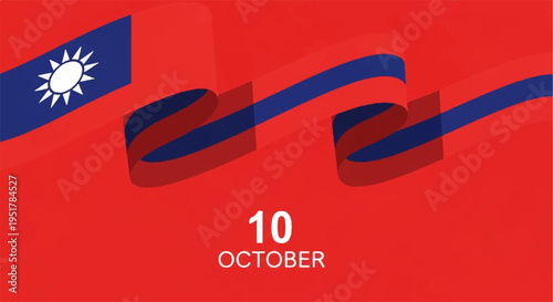 Taiwan flag with blue ribbon on red background celebrating october 10th
