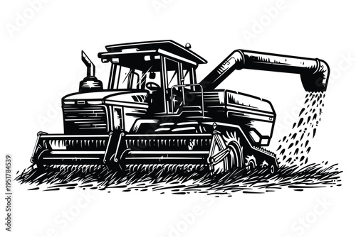 Combine harvester front view black and white detailed engraving style illustration	
