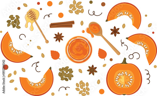 Pumpkin Spice Illustration Set with Sliced Pumpkin, Seeds, Honey Drizzle, Cinnamon and Star Anise, Autumn Flavor Ingredients Collection for Cooking Design