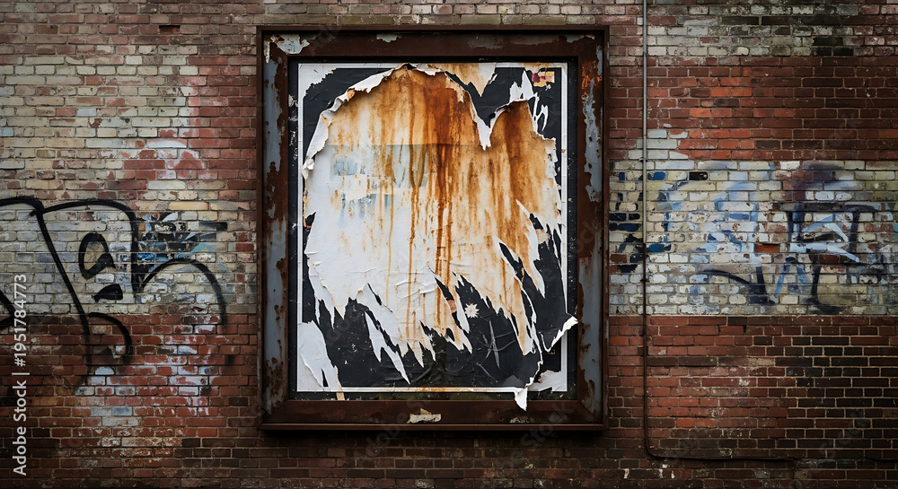 Fototapeta premium Graffiti on brick wall with torn poster