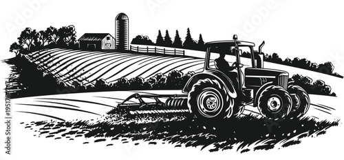 Black and White Tractor Plowing Field Rural Farm Landscape Vector Illustration